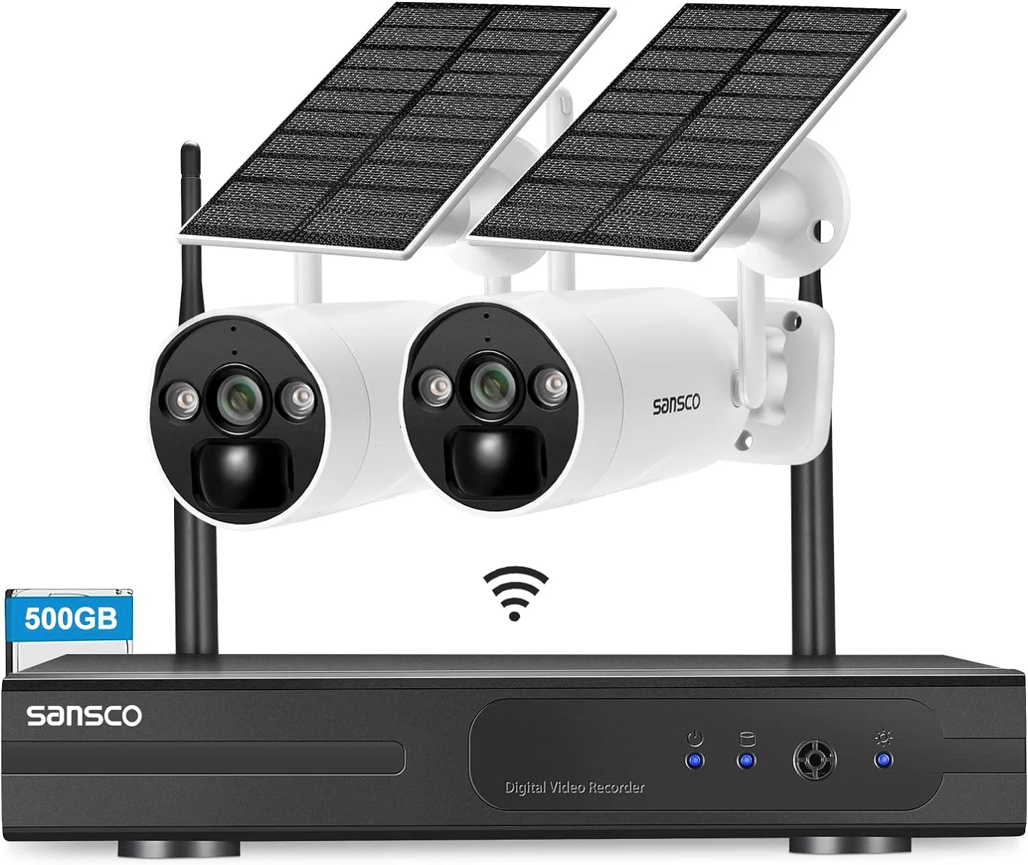 rgedg.webp SANSCO Wire-Free Solar Battery Powered Security Camera System, 10 Channel 2K NVR Wireless Recorder with 500GB Hard Drive, 2x 4MP Outdoor WiFi IP Camera with Solar Panel, Night Vision, 2 Way Audio - Image 1